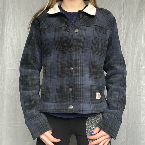 Carhartt Jackets & Blazers - Carhartt Rare Small Black And Blue Soft Button Up Sherpa Flannel Jacket Shirt
